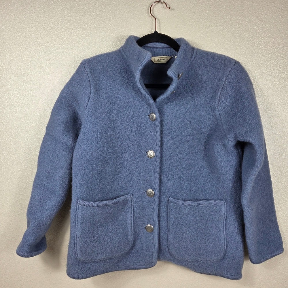 L.L.Bean Women's 100% Wool Blue Boiled Wool Cardigan Jacket Medium